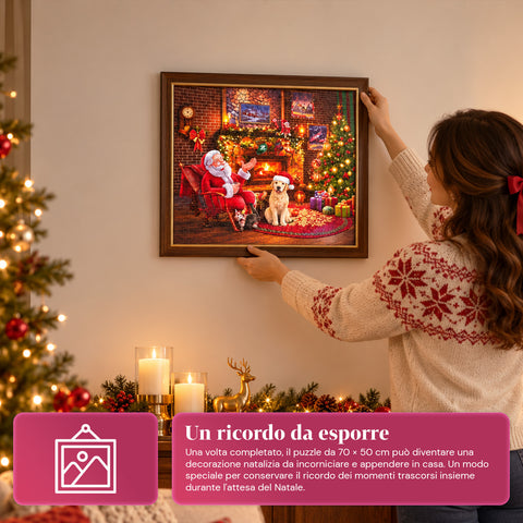 Adventskalender-Puzzle mit 1008 Teilen zum Zusammensetzen in 24 Tagen, Weihnachtsszene mit Weihnachtsmann und Hund, fertiges Puzzle 70x50 cm