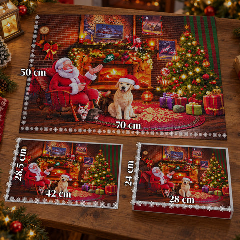 Adventskalender-Puzzle mit 1008 Teilen zum Zusammensetzen in 24 Tagen, Weihnachtsszene mit Weihnachtsmann und Hund, fertiges Puzzle 70x50 cm