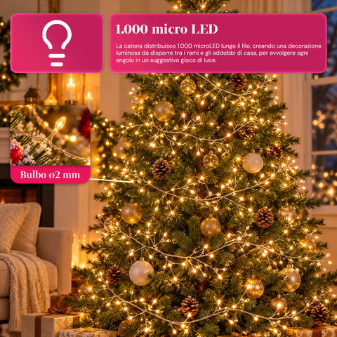 Lichterkette 1000 MicroLEDs auf Spule, 3 Farben, für innen und außen, 13 m, silberfarbenes Kabel, 8 Lichtspiele, Transformator inklusive, weihnachtlich, 2-mm-Birnen