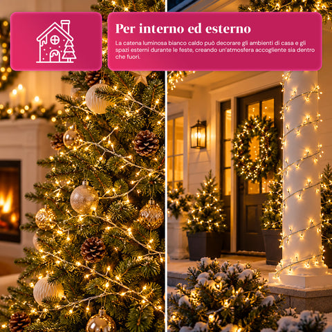Lichterkette 1000 MicroLEDs auf Spule, 3 Farben, für innen und außen, 13 m, silberfarbenes Kabel, 8 Lichtspiele, Transformator inklusive, weihnachtlich, 2-mm-Birnen