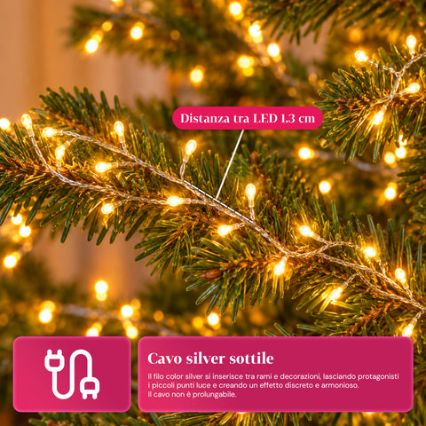 Lichterkette 1000 MicroLEDs auf Spule, 3 Farben, für innen und außen, 13 m, silberfarbenes Kabel, 8 Lichtspiele, Transformator inklusive, weihnachtlich, 2-mm-Birnen
