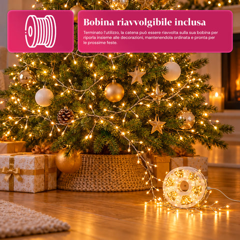 Lichterkette 1000 MicroLEDs auf Spule, 3 Farben, für innen und außen, 13 m, silberfarbenes Kabel, 8 Lichtspiele, Transformator inklusive, weihnachtlich, 2-mm-Birnen