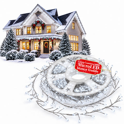 Lichterkette 1000 MicroLEDs auf Spule, 3 Farben, für innen und außen, 13 m, silberfarbenes Kabel, 8 Lichtspiele, Transformator inklusive, weihnachtlich, 2-mm-Birnen