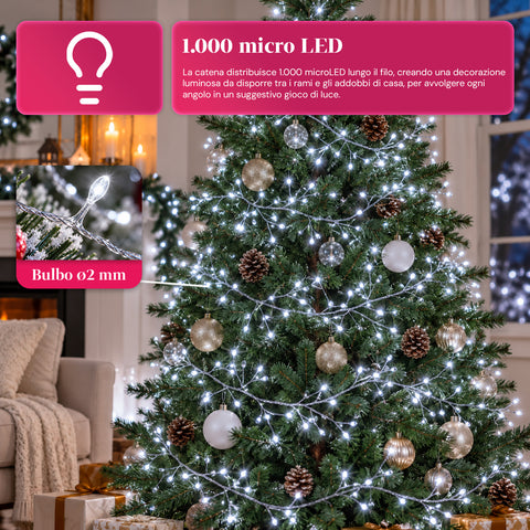 Lichterkette 1000 MicroLEDs auf Spule, 3 Farben, für innen und außen, 13 m, silberfarbenes Kabel, 8 Lichtspiele, Transformator inklusive, weihnachtlich, 2-mm-Birnen