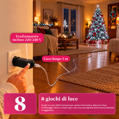 Lichterkette 1000 MicroLEDs auf Spule, 3 Farben, für innen und außen, 13 m, silberfarbenes Kabel, 8 Lichtspiele, Transformator inklusive, weihnachtlich, 2-mm-Birnen