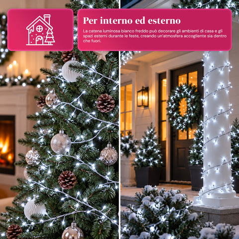 Lichterkette 1000 MicroLEDs auf Spule, 3 Farben, für innen und außen, 13 m, silberfarbenes Kabel, 8 Lichtspiele, Transformator inklusive, weihnachtlich, 2-mm-Birnen