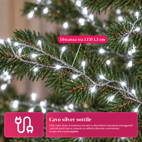 Lichterkette 1000 MicroLEDs auf Spule, 3 Farben, für innen und außen, 13 m, silberfarbenes Kabel, 8 Lichtspiele, Transformator inklusive, weihnachtlich, 2-mm-Birnen