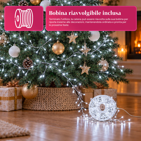 Lichterkette 1000 MicroLEDs auf Spule, 3 Farben, für innen und außen, 13 m, silberfarbenes Kabel, 8 Lichtspiele, Transformator inklusive, weihnachtlich, 2-mm-Birnen