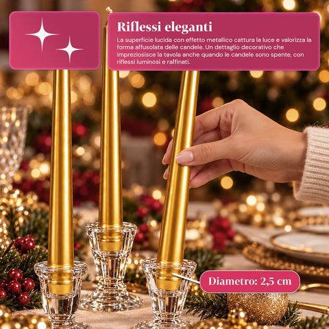 Schmale Weihnachtskerzen für Tischdekorationen und Kerzenleuchter, 6er-Set, 2 Farben, Höhe 20 cm, Paraffinwachs, glänzende Oberfläche mit Metallic-Effekt