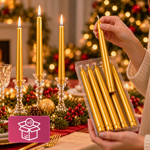 Schmale Weihnachtskerzen für Tischdekorationen und Kerzenleuchter, 6er-Set, 2 Farben, Höhe 20 cm, Paraffinwachs, glänzende Oberfläche mit Metallic-Effekt