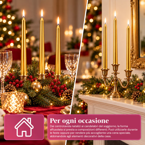 Schmale Weihnachtskerzen für Tischdekorationen und Kerzenleuchter, 6er-Set, 2 Farben, Höhe 20 cm, Paraffinwachs, glänzende Oberfläche mit Metallic-Effekt