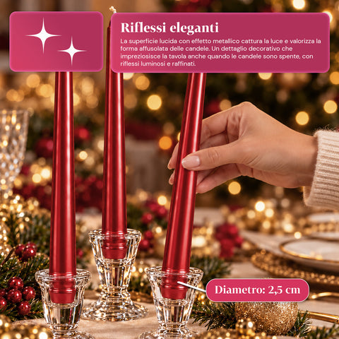 Schmale Weihnachtskerzen für Tischdekorationen und Kerzenleuchter, 6er-Set, 2 Farben, Höhe 20 cm, Paraffinwachs, glänzende Oberfläche mit Metallic-Effekt