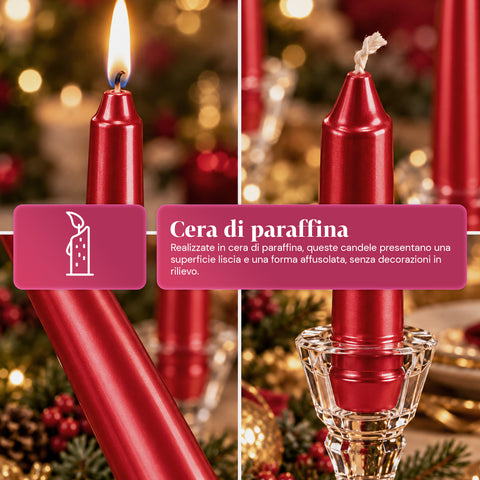 Schmale Weihnachtskerzen für Tischdekorationen und Kerzenleuchter, 6er-Set, 2 Farben, Höhe 20 cm, Paraffinwachs, glänzende Oberfläche mit Metallic-Effekt