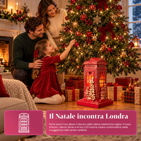 Weihnachtsbaumständer in Form einer englischen Telefonzelle mit LED-Lichtern, goldenem Weihnachtsmann und goldenem Bäumchen, universeller Öffnung von 4 cm, für Stämme bis 180 cm