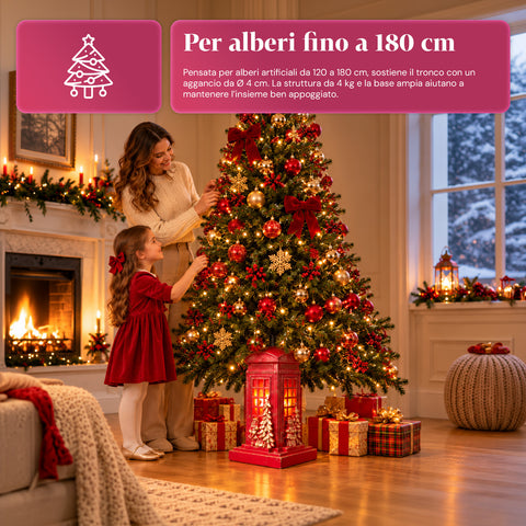 Weihnachtsbaumständer in Form einer englischen Telefonzelle mit LED-Lichtern, goldenem Weihnachtsmann und goldenem Bäumchen, universeller Öffnung von 4 cm, für Stämme bis 180 cm