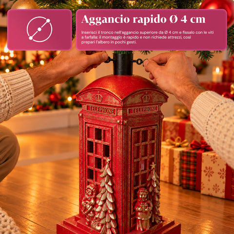 Weihnachtsbaumständer in Form einer englischen Telefonzelle mit LED-Lichtern, goldenem Weihnachtsmann und goldenem Bäumchen, universeller Öffnung von 4 cm, für Stämme bis 180 cm