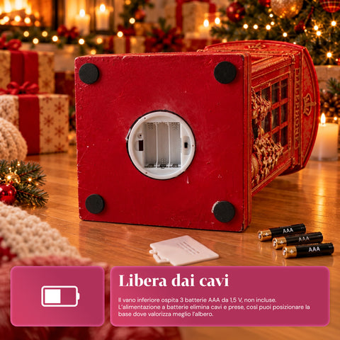 Weihnachtsbaumständer in Form einer englischen Telefonzelle mit LED-Lichtern, goldenem Weihnachtsmann und goldenem Bäumchen, universeller Öffnung von 4 cm, für Stämme bis 180 cm