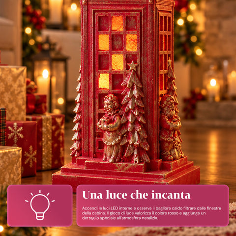 Weihnachtsbaumständer in Form einer englischen Telefonzelle mit LED-Lichtern, goldenem Weihnachtsmann und goldenem Bäumchen, universeller Öffnung von 4 cm, für Stämme bis 180 cm
