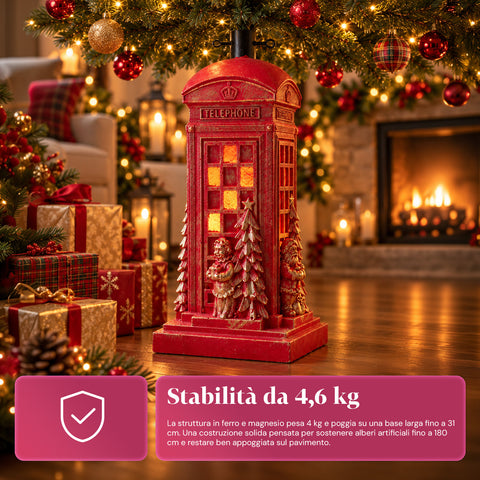 Weihnachtsbaumständer in Form einer englischen Telefonzelle mit LED-Lichtern, goldenem Weihnachtsmann und goldenem Bäumchen, universeller Öffnung von 4 cm, für Stämme bis 180 cm
