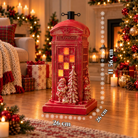 Weihnachtsbaumständer in Form einer englischen Telefonzelle mit LED-Lichtern, goldenem Weihnachtsmann und goldenem Bäumchen, universeller Öffnung von 4 cm, für Stämme bis 180 cm
