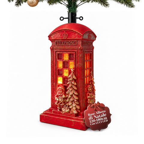 Weihnachtsbaumständer in Form einer englischen Telefonzelle mit LED-Lichtern, goldenem Weihnachtsmann und goldenem Bäumchen, universeller Öffnung von 4 cm, für Stämme bis 180 cm