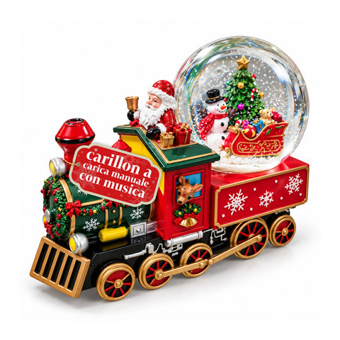 Weihnachtliche Spieluhr-Lokomotive mit Schneekugel aus Glas, Weihnachtsmann im Zug, mechanischer Aufzug, Maße 22x13x17,5 cm