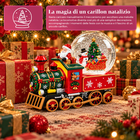 Weihnachtliche Spieluhr-Lokomotive mit Schneekugel aus Glas, Weihnachtsmann im Zug, mechanischer Aufzug, Maße 22x13x17,5 cm