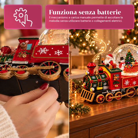 Weihnachtliche Spieluhr-Lokomotive mit Schneekugel aus Glas, Weihnachtsmann im Zug, mechanischer Aufzug, Maße 22x13x17,5 cm