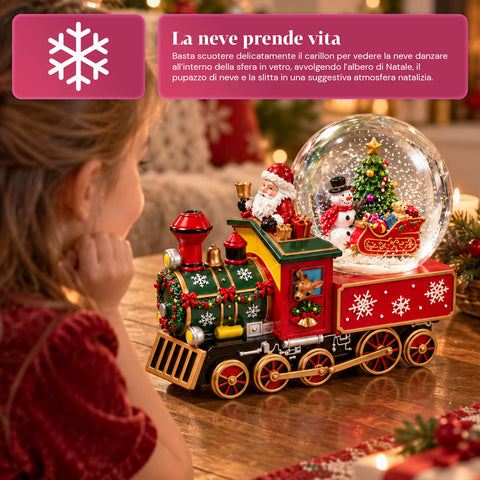 Weihnachtliche Spieluhr-Lokomotive mit Schneekugel aus Glas, Weihnachtsmann im Zug, mechanischer Aufzug, Maße 22x13x17,5 cm