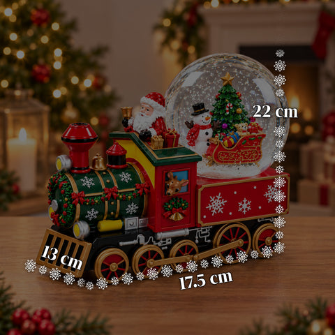 Weihnachtliche Spieluhr-Lokomotive mit Schneekugel aus Glas, Weihnachtsmann im Zug, mechanischer Aufzug, Maße 22x13x17,5 cm