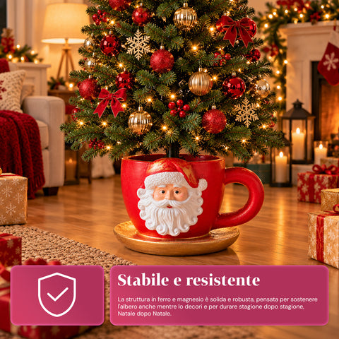 Weihnachtsbaumständer in Form einer Tasse mit erhabenem Weihnachtsmann, universeller Öffnung von 4 cm, für Stämme bis 180 cm, Gewicht 6 kg