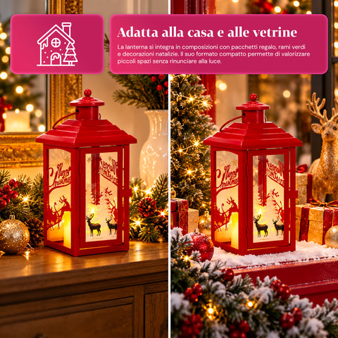 Leuchtende Weihnachtslaterne mit Batteriebetrieb, 12x12x28 cm, mit Rentieren