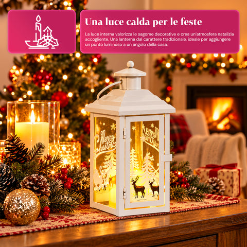 Leuchtende Weihnachtslaterne mit Batteriebetrieb, 12x12x28 cm, mit Rentieren