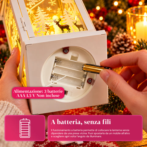 Leuchtende Weihnachtslaterne mit Batteriebetrieb, 12x12x28 cm, mit Rentieren