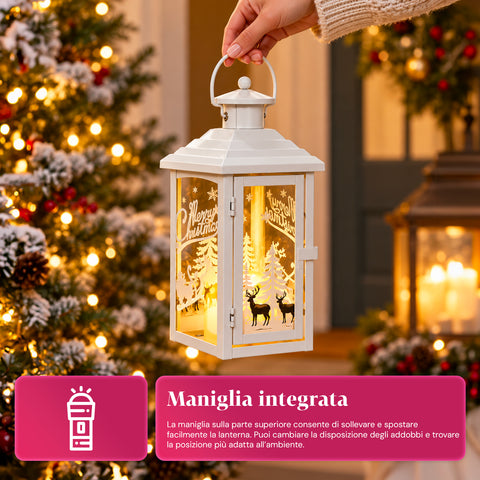 Leuchtende Weihnachtslaterne mit Batteriebetrieb, 12x12x28 cm, mit Rentieren