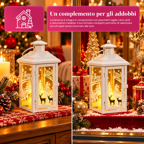 Leuchtende Weihnachtslaterne mit Batteriebetrieb, 12x12x28 cm, mit Rentieren