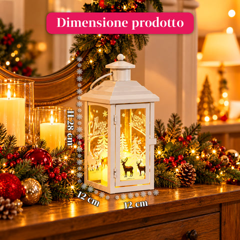 Leuchtende Weihnachtslaterne mit Batteriebetrieb, 12x12x28 cm, mit Rentieren