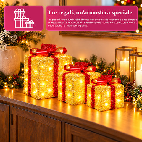 Set aus 3 batteriebetriebenen leuchtenden Geschenkpaketen, 51 warmweiße LEDs