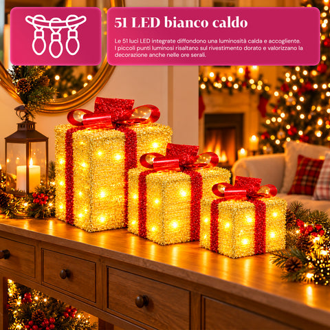 Set aus 3 batteriebetriebenen leuchtenden Geschenkpaketen, 51 warmweiße LEDs