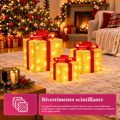 Set aus 3 batteriebetriebenen leuchtenden Geschenkpaketen, 51 warmweiße LEDs