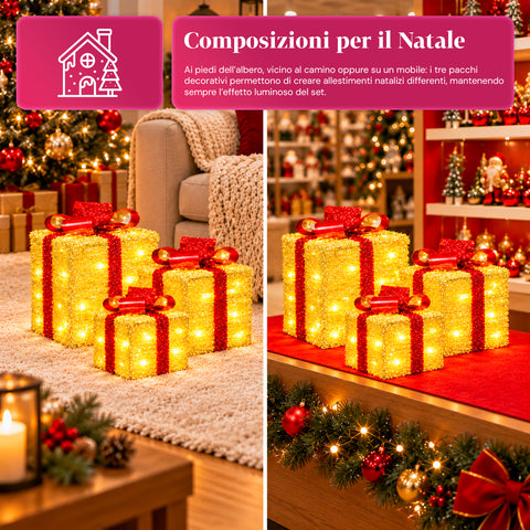 Set aus 3 batteriebetriebenen leuchtenden Geschenkpaketen, 51 warmweiße LEDs