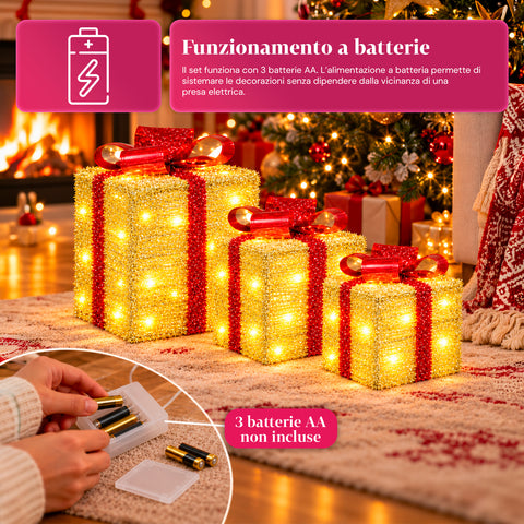 Set aus 3 batteriebetriebenen leuchtenden Geschenkpaketen, 51 warmweiße LEDs