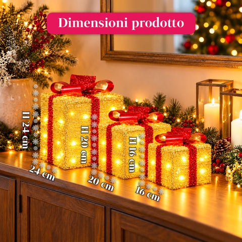 Set aus 3 batteriebetriebenen leuchtenden Geschenkpaketen, 51 warmweiße LEDs