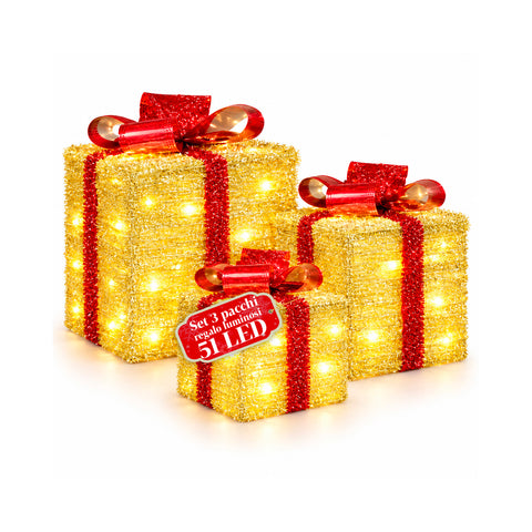 Set aus 3 batteriebetriebenen leuchtenden Geschenkpaketen, 51 warmweiße LEDs