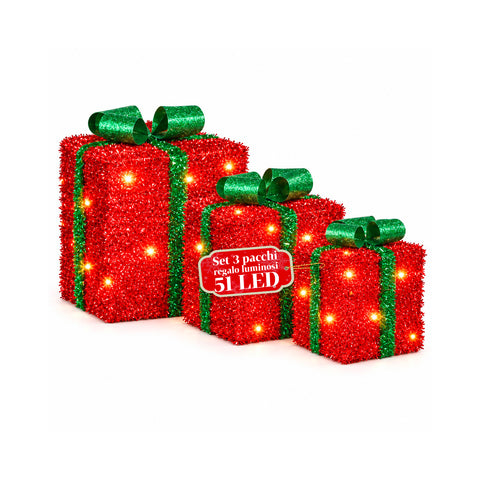 Set aus 3 batteriebetriebenen leuchtenden Geschenkpaketen, 51 warmweiße LEDs
