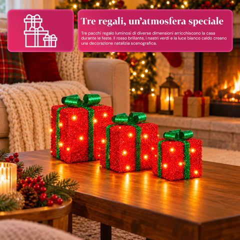 Set aus 3 batteriebetriebenen leuchtenden Geschenkpaketen, 51 warmweiße LEDs