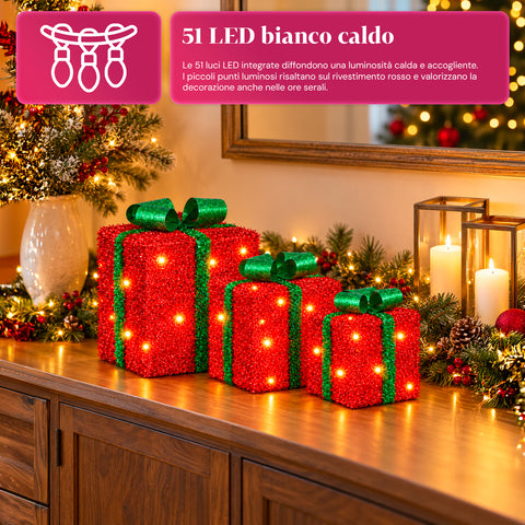 Set aus 3 batteriebetriebenen leuchtenden Geschenkpaketen, 51 warmweiße LEDs