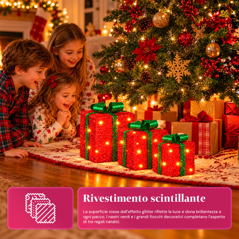 Set aus 3 batteriebetriebenen leuchtenden Geschenkpaketen, 51 warmweiße LEDs