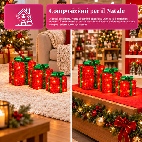 Set aus 3 batteriebetriebenen leuchtenden Geschenkpaketen, 51 warmweiße LEDs