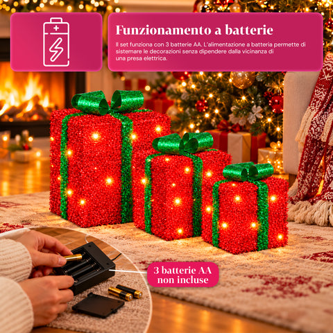 Set aus 3 batteriebetriebenen leuchtenden Geschenkpaketen, 51 warmweiße LEDs
